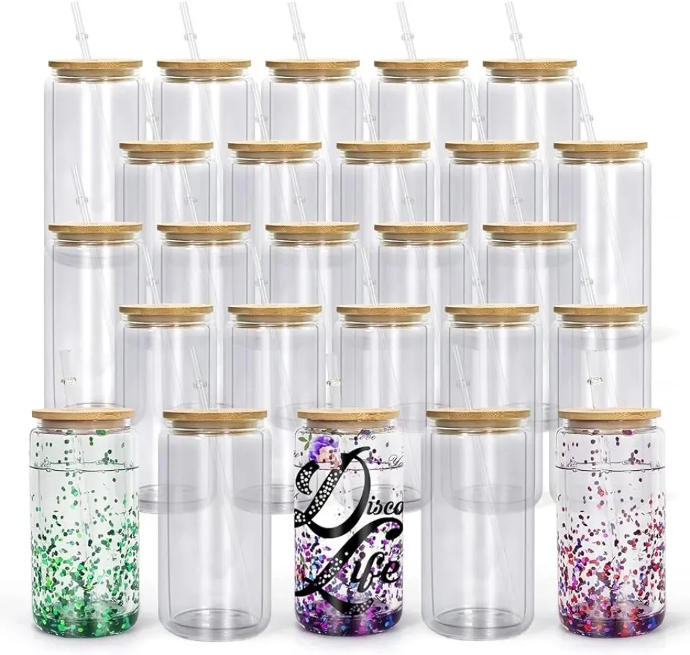 Double Wall Glass Tumbler 16 Oz Sublimation Glass Billet med bambulock och halmförordrat borosilikatglasöl Can Snowball Glitter 1113