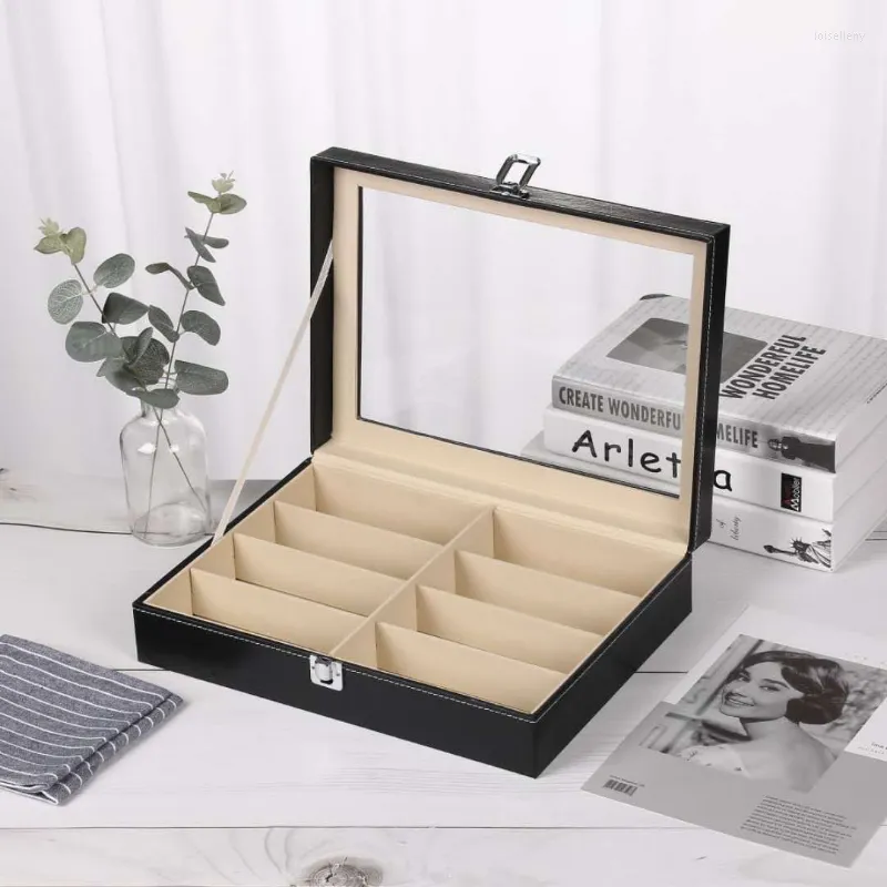 Jewelry Pouches PU Glasses Storage Display Box Watch Organizer With Transparent Glass Cover Built In Flannelette Hardware Lock