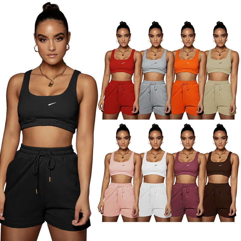 Casual Solid Shorts Sets Ladies Tracksuits Crop Top And Drawstring Shorts 2 Piece Matching Sportswear Set Summer Athleisure Outfits