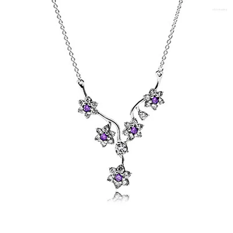 Ketten Vergissmeinnicht Halsband Halsketten für Frauen Lila Klar CZ Kleine Blumen Kristall Anhänger Sterling Silber 925 Schmuck