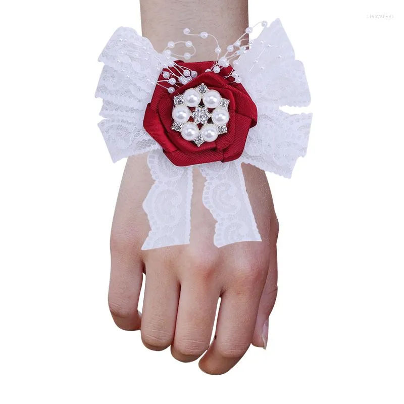 Fleurs décoratives Style européen mariée et demoiselle d'honneur poignet fleur blanc laiteux dames bracelet strass perle fête mariage fournitures