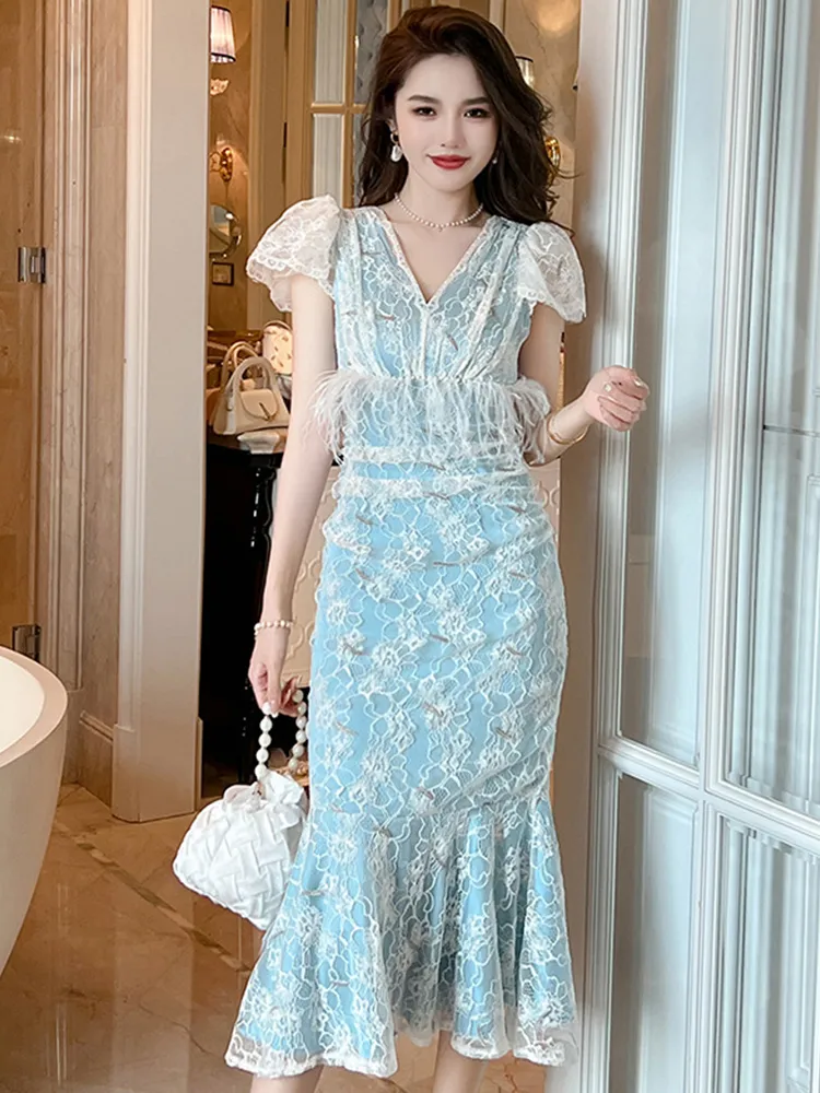 Robes décontractées de base Gentle Noble Luxury Long Robe Femmes Elegant Elegant Lace Lace Bulle à manches bulles perlé Hip Wrap Fishtail Robe Party Fiesta Host 2024