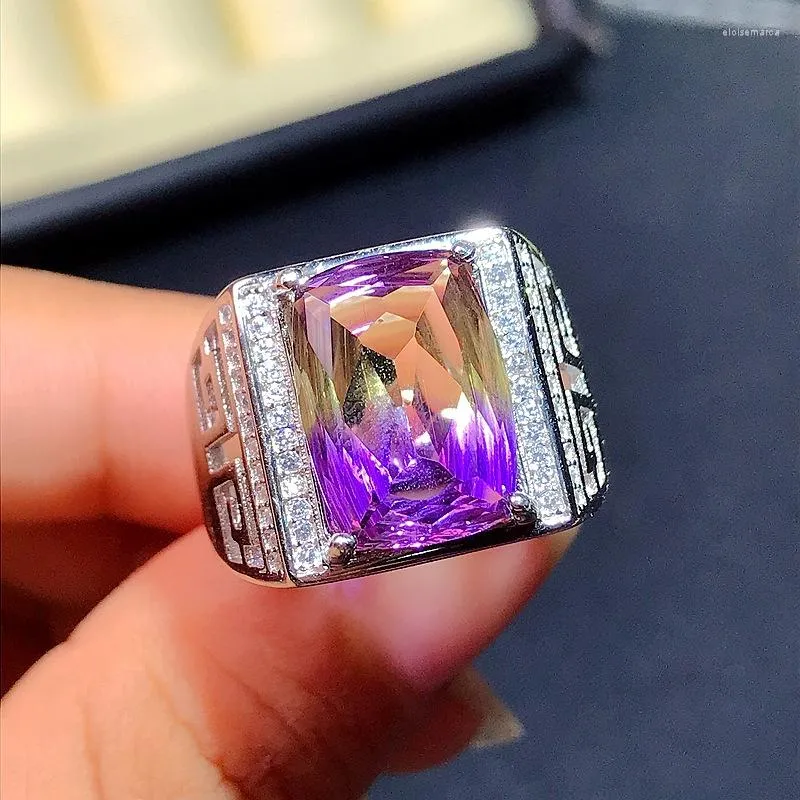 Anillos de racimo BOCAI 2023 Trendy Real Pure S925 Joyería de plata con incrustaciones con tanzanita natural Ametrine 10 14 mm Ajuste del anillo de los hombres