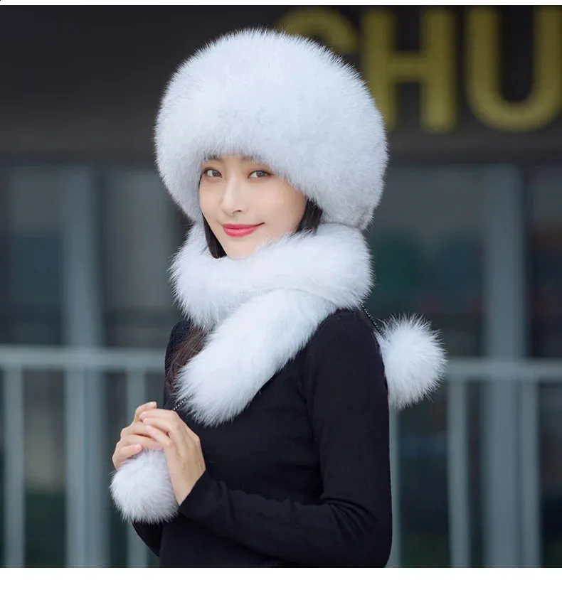 Beanie/Skull Caps High quality genuine fox fur grass women's hat fox weaving winter skiing hat ear protection thickened hat scarf 231118