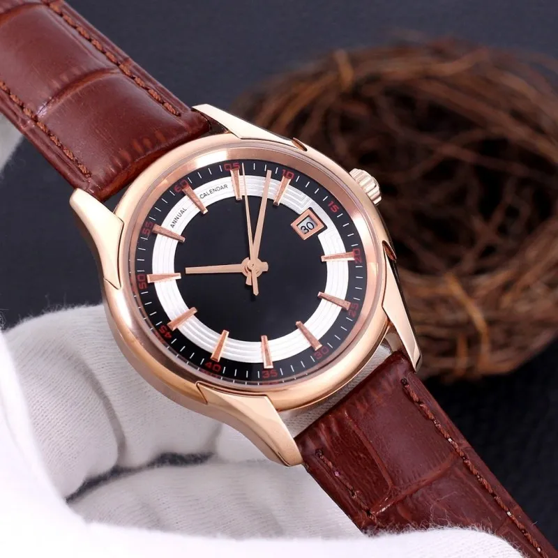 Men luxury designer Automatic mechanical watch Mens auto annual calendar leather band 3 hands Watches O43