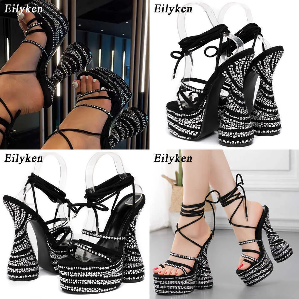 Top Crystal Chunky klackar Sandaler Fashion Peep Toe Ankel Cross Lace-Up Platform Women Stripper Shoes 230306