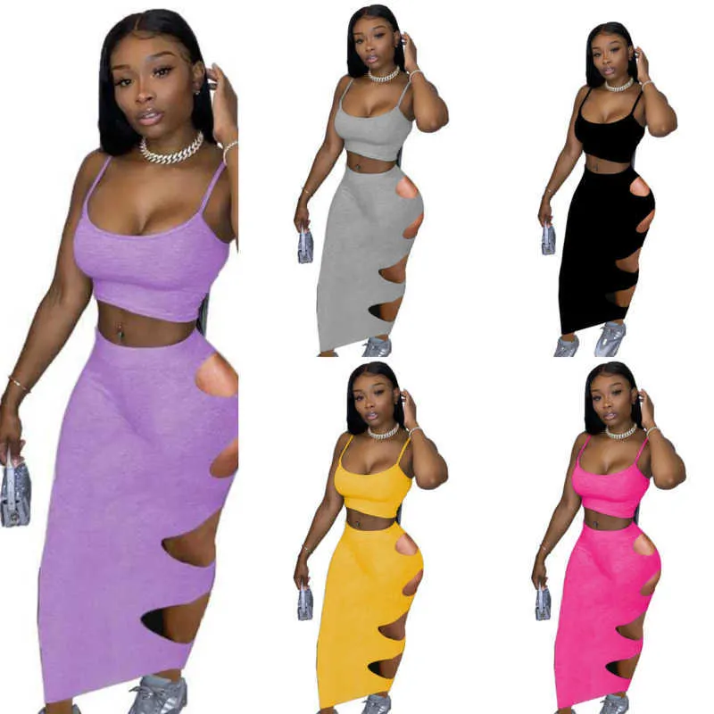 Womens Designer Clothes Tracksuit Dress Sexig Sling Two Piece Outfits Scoop Neck Sleeveless Backless Top Hole kjolar 2-delad kostym