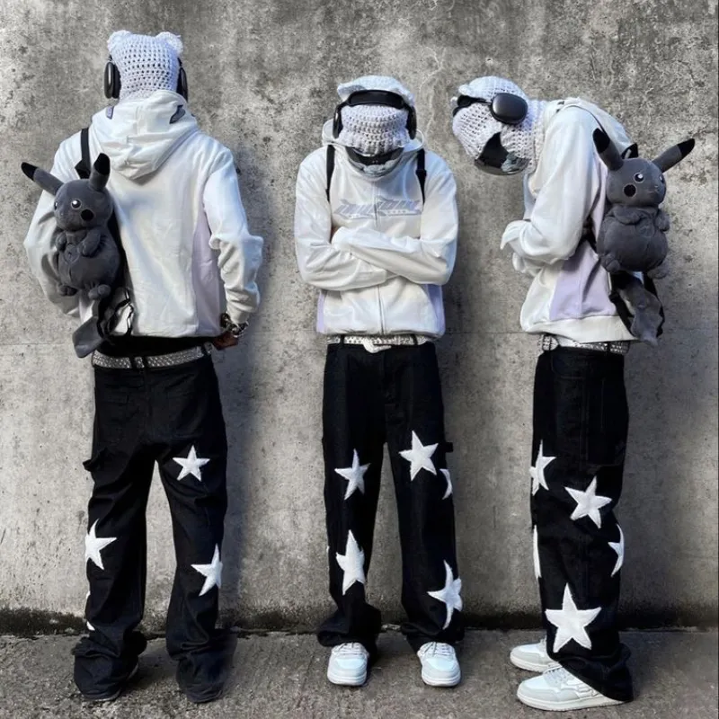 Jeans pour hommes Y2K baggy surdimensionné Street Apparel Star broderie épissure rétro Harajuku lâche et pantalon en denim décontracté pour femmes 230419