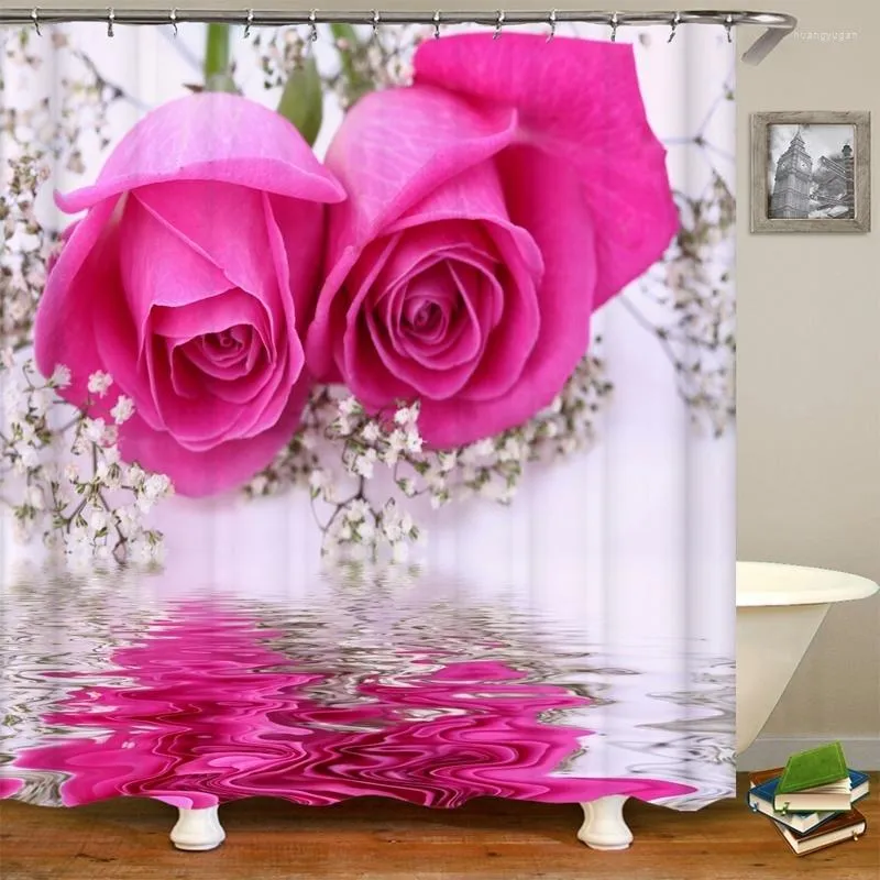 Bath Accessories Set Pink Flowers Shower Curtain Home Bath Decor