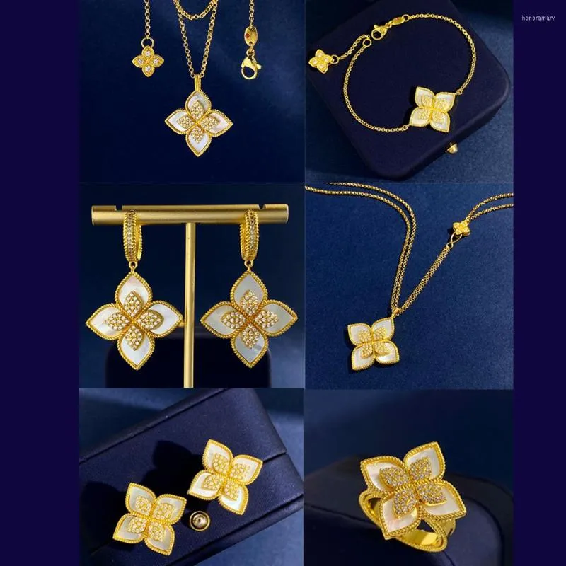 Pierścienie klastra 2023 Pierścień koniczyny Naszyjnik Earflower Black Onyx Diamond Turquoise Jewelry Holiday Gift