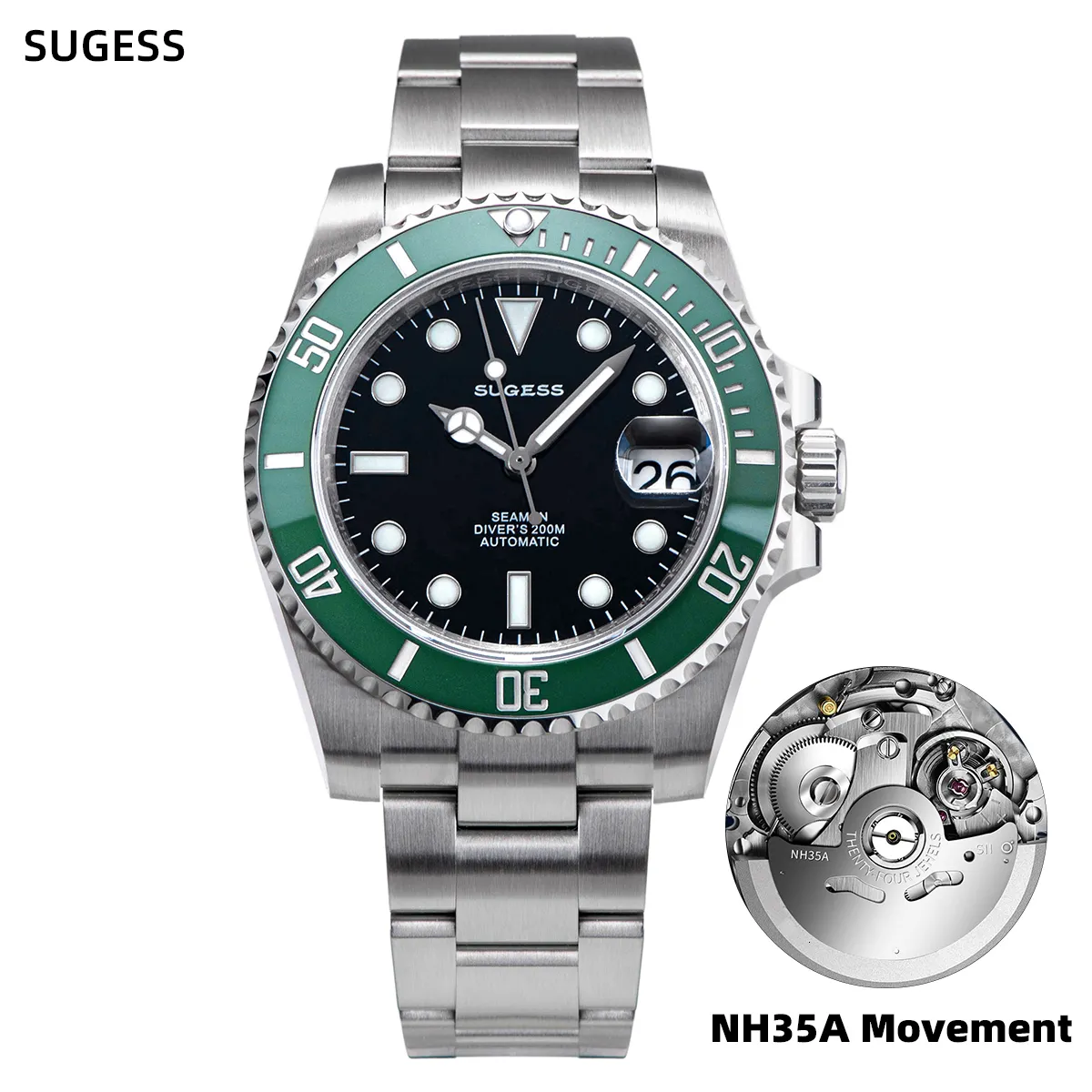 Wristwatches Sugess Diving Automatic Mechanical Watches NH35 Movement Ceramic Bezel Waterproof Wristwatch 200M Sapphire Crystal Water Ghost 230419