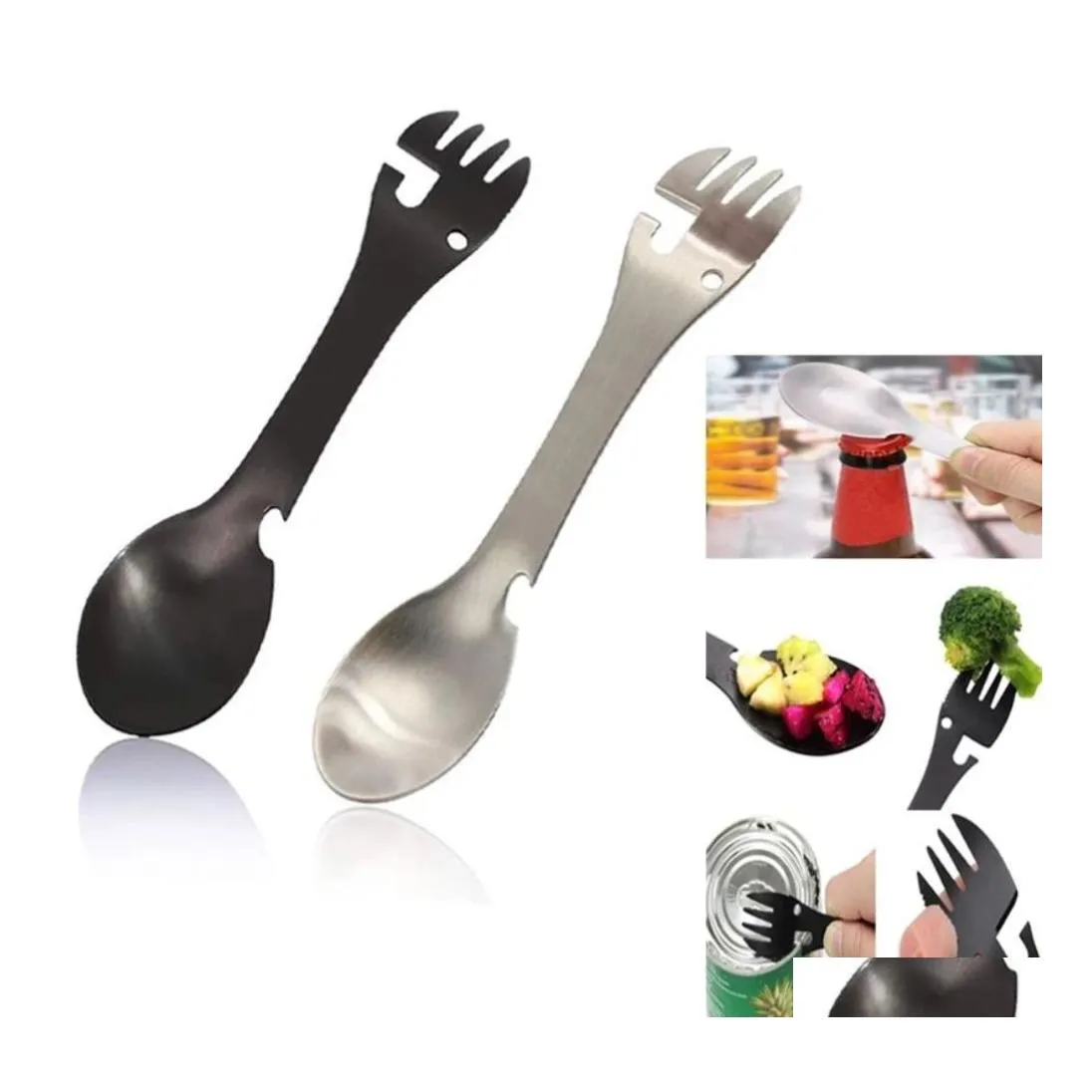 Cuillères En Acier Inoxydable Mti Outil Bouteille Ouvre-boîte Cuillère Couverts Mtitool Ustensile Fourchette Vaisselle Camp Pique-nique Couverts Portable Spork W Dhh8Z