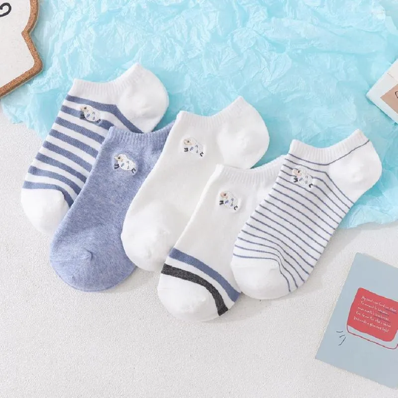 Women Socks Cute Girl's Embroidery Lamb Light Blue White Soft Cotton Ankle Striped Fresh Literary Sheep Casual Sokken Dropship