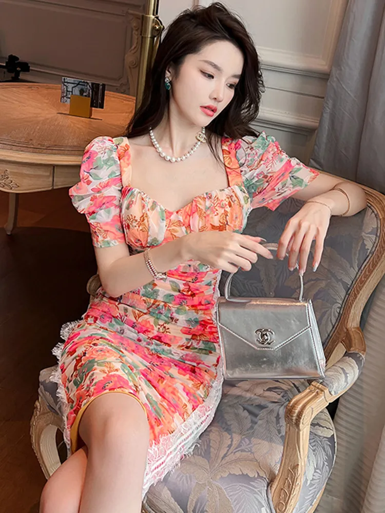 Casual Dresses Summer Dress for Women 2024 Sweet Girly Fairy Mesh Flowers Bubble Sleeve Bodycon Pleated Robe Female Party Date Holiday Vestidos