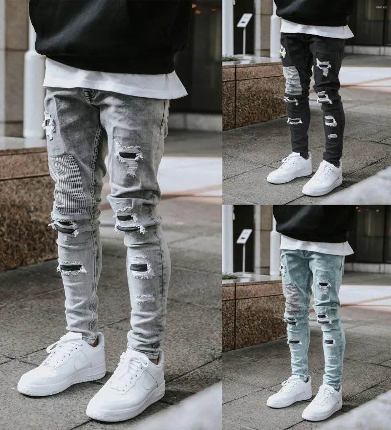 Men's Jeans Grey Staight RIipped Patchwork Hight Quality Men Denim Pants Fashion Designer Brand Hip Hop Clothing Male 2023