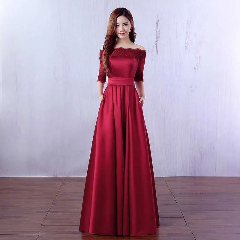 Vestidos de festa noiva vestido de cocktail vinho vermelho 2023 fora do ombro vestidos temperamento fino ajuste banquete vestidos de noite outono