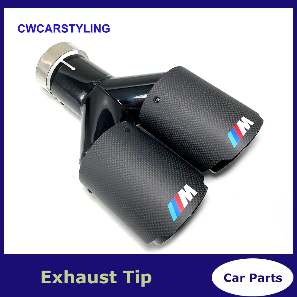 Wholesale 1PCS Dual Car M LOGO Exhaust Pipes Glossy Carbon With Black Stainless Steel Exhaust Muffler Tips for VW AUDI BENZ BMW PORSCHE Muffler End Pipe