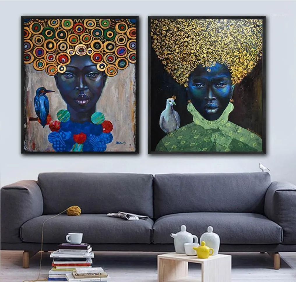 Goldlife áfrica pintura em tela arte da parede quadros cartazes e impressões mulher negra com pássaro na lona parede pictures11246666