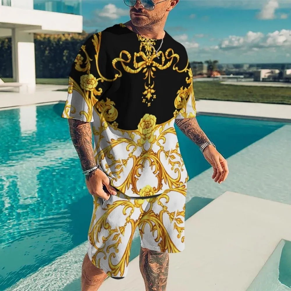 Mens Tracksuits Summer 3D Golden Pattern Lion Head Printed Men TshirtShorts Suit Oversized Casual Man Sportswear Tracksuit Trend 2Piece Set 230419