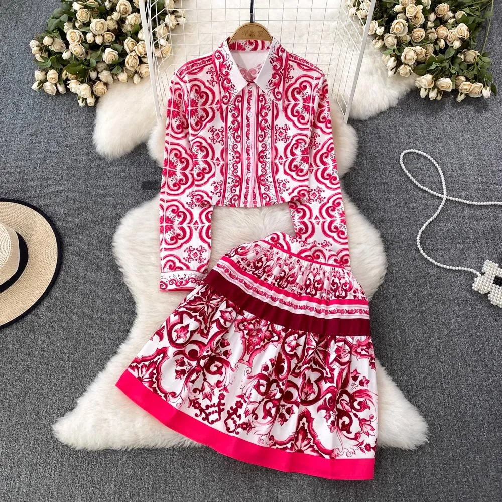 A Line Two Piece Dress Spring Autumn Runway Blue And White Porcelain Print Sets Women Fashion Luxury Print Shirt Top Pleated Mini Skirt Suit 2024