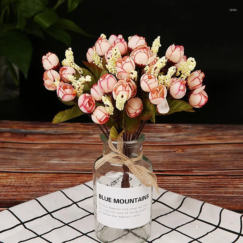 Flores decorativas 1 buquê 15 cabeça de seda rosa rosa artificial chá broto de casamento vaso de festa para decoração em casa produtos domésticos domésticos