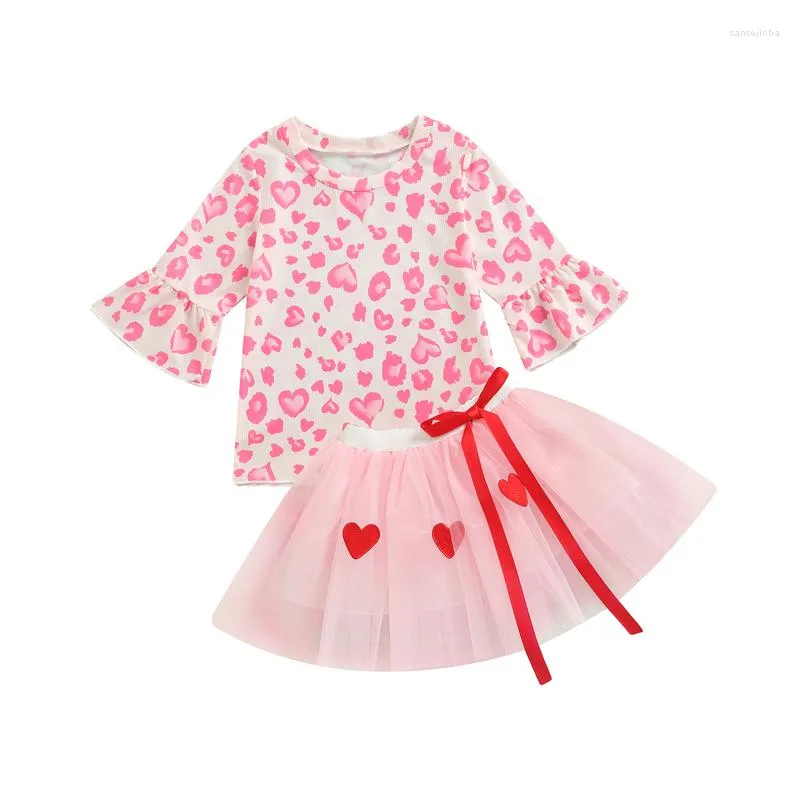 Completi abbigliamento FOCUSNORM 1-5Y Estate 2 pezzi Bambini Ragazze Vestiti adorabili Cuore Leopardo Manica lunga svasata T-shirt Pizzo Tutu Gonne