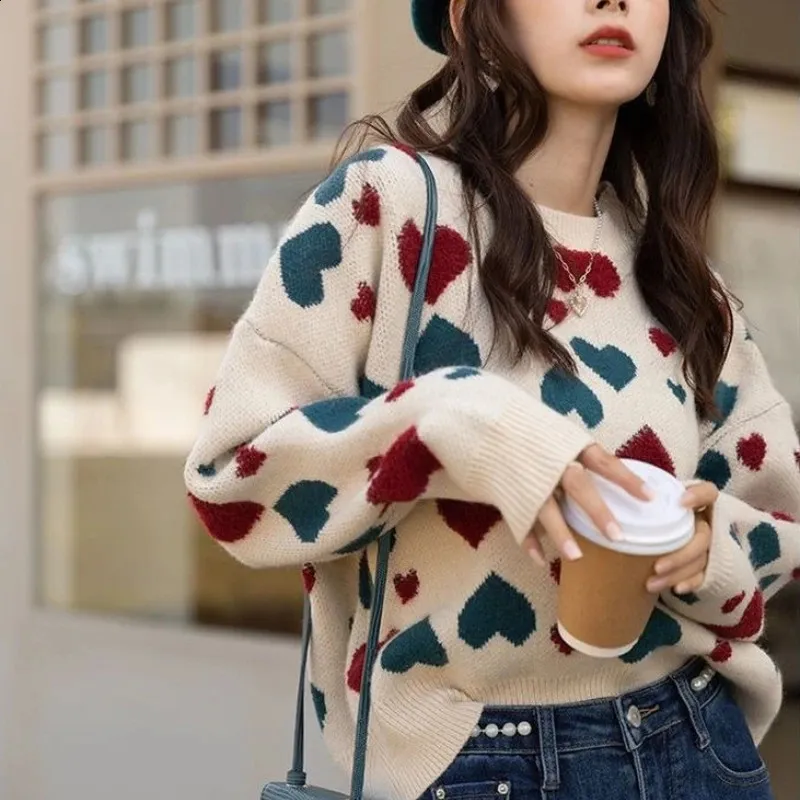 Women's Casual Loose Heart Jacquard Knitted Sweater, V-Neck Pullover, Beige, Polyester, Autumn Winter 2024, Daily Wear, Preppy Style, All Match