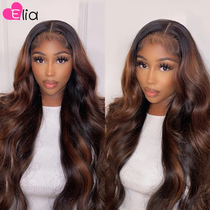 Elia Highlight Brown Ombre Colored Lace Frontal Wig 180 Density Remy Peruvian 100% Human Hair for Black Women
