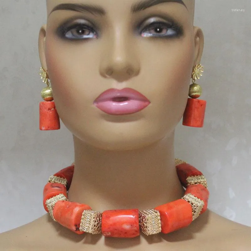 Halskette Ohrringe Set Dudo Choker Nigeria Hochzeit für Frauen 18-23MM große korallenrote afrikanische Brautperle mit vergoldetem Teiler 3 Stück
