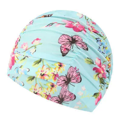 Capas de natação 2020 Mulheres estampadas de flor Piscina de natação Ponto de natação Praia Proteja as orelhas de cabelo chapéu de banho para meninas cabelos longos Lady Swim Cap P230418