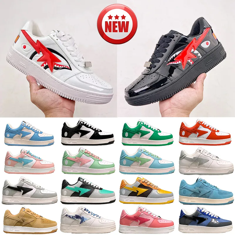 Bapesta Sta Sapatos Casuais Baixos Masculino Feminino Couro envernizado Azul Tubarão Preto branco Cor Camo Combo Rosa Cinza Preto Tênis Moda Designer de Luxo Homens Plataforma Trainer