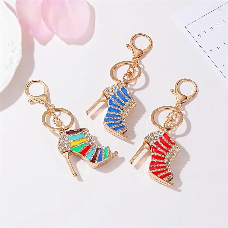 Keychains Blue Purple Green Red Colorful Rhinestone Golden Alloy High-heeled Shoes Car Pendant Key Chains For Women