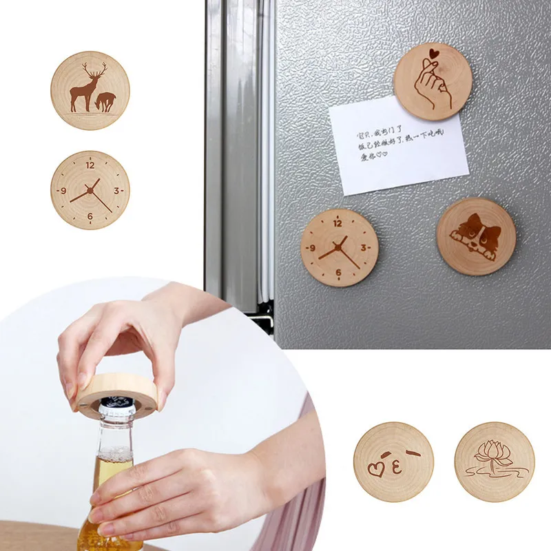 Magnete da frigorifero sottobicchiere rotondo in legno 1PC con apribottiglie adesivo decorativo decorativo per frigorifero in legno massello di birra 0419
