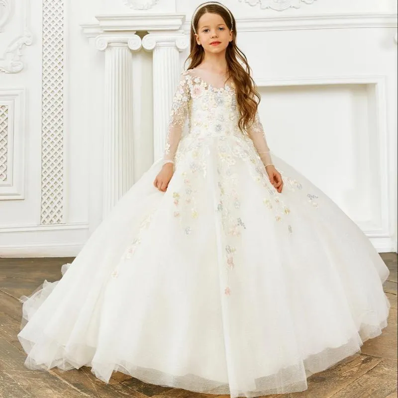 Girl Dresses Girl's Princess Flower voor trouwfeest A Line Line Mouwen Girls Pageant Jurken Lace Appliques Kids Kerst Dressgirl's