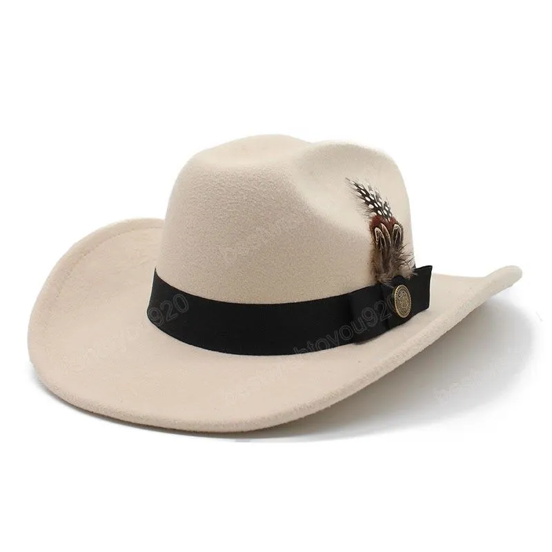 Mannen Western Cowboy Hat With Feather Fuxury Belts Fascinator White Wedding Church Hats Women Elegant Party Jazz Caps