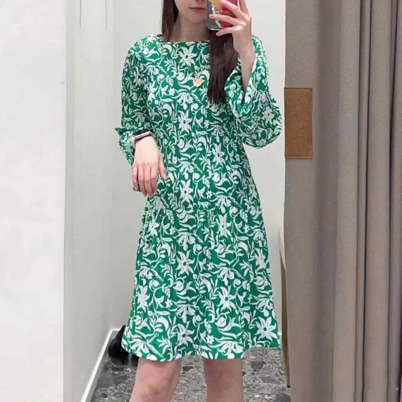 green midi Dress casual Maje French Style green Dress Silhouette Floral Printed Pleated Dress for Women