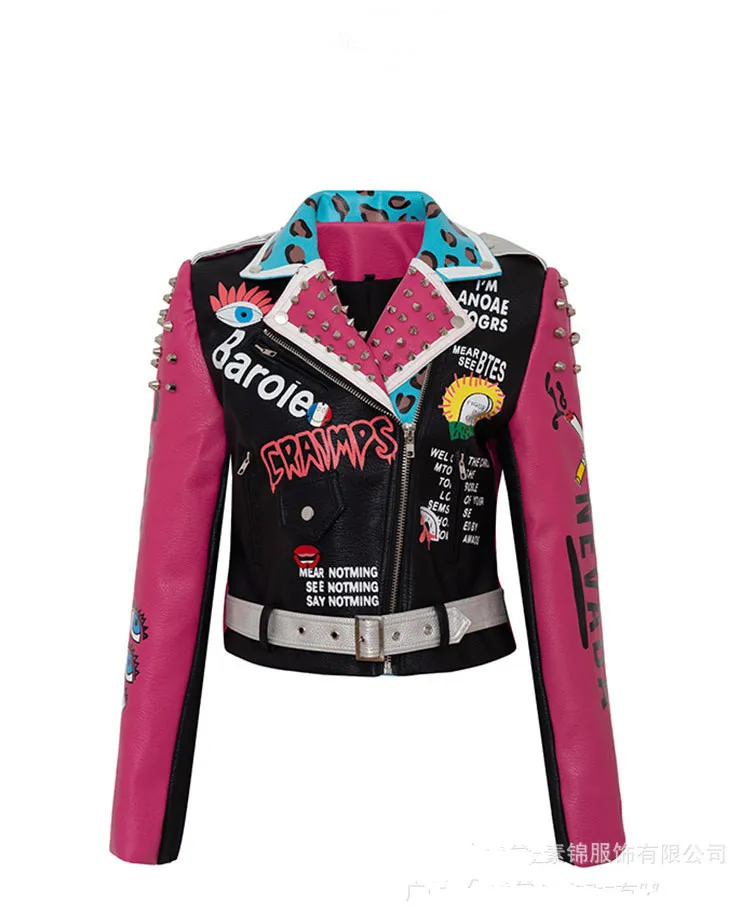 Chaquetas de cuero de la PU de las mujeres Graffiti Floral Estampado de letras Punk Motocicleta Biker Zip Remache Cadena Cintura Abrigos de mujer Contraste Color Prendas de abrigo 8362