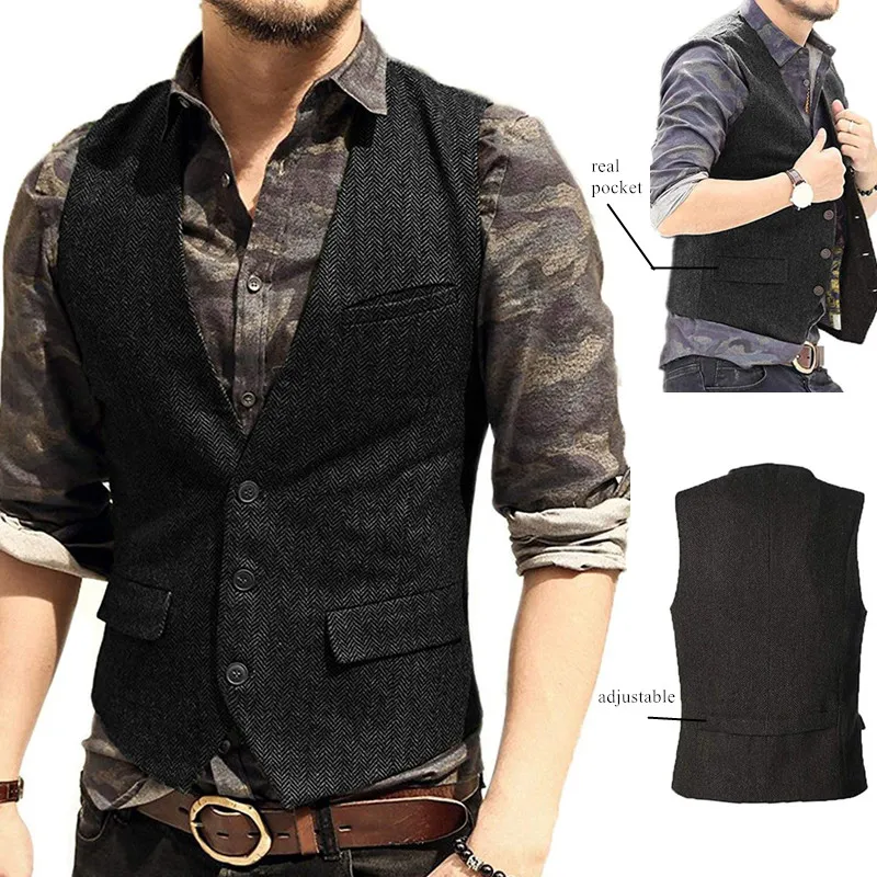 V-Neck Men's Suit Vests Fashion Formal Slim Fit Business Casual Herringbone Waistcoat Groomsemen For Wedding