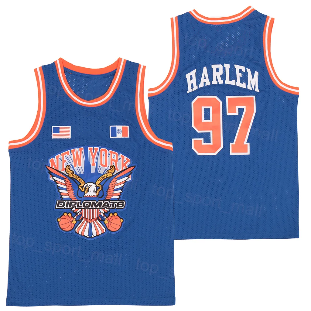 Moive THE DIPLOMATS X 97 Harlem Basketball Jersey Men Vintage Respirável Pure Cotton Pullover Team Color Blue Retro For Sport Fans Bordado Shirt Uniforme