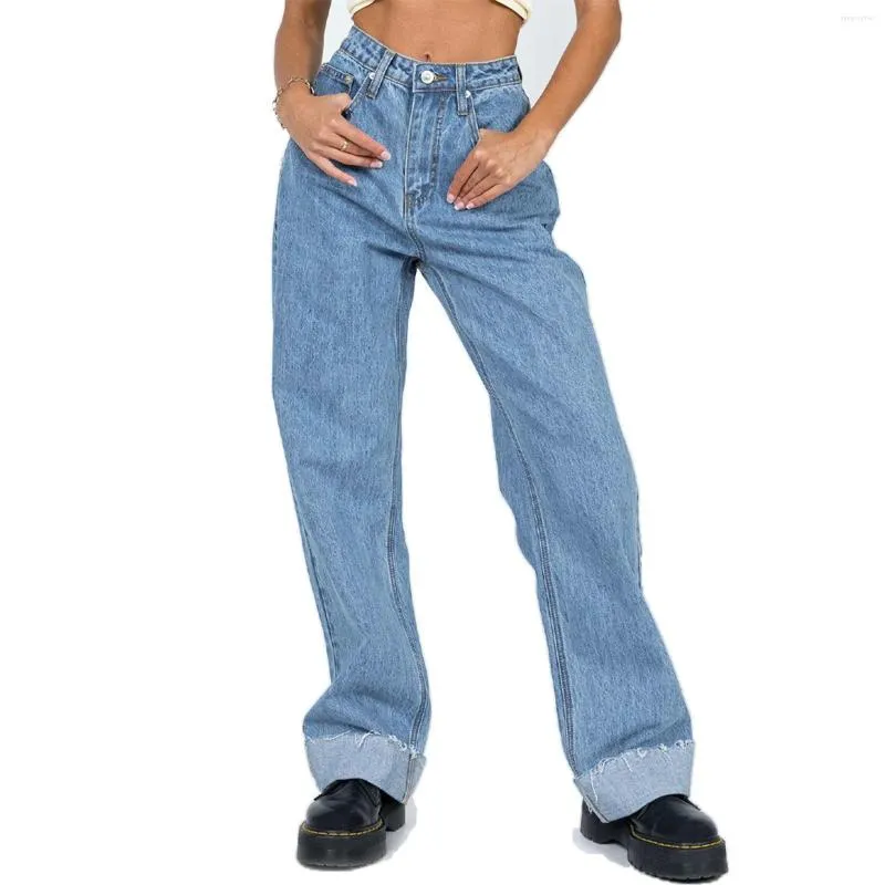 Jeans pour femmes Femmes Mode Couleur Solide Taille haute Jambe droite Pantalon large roulé