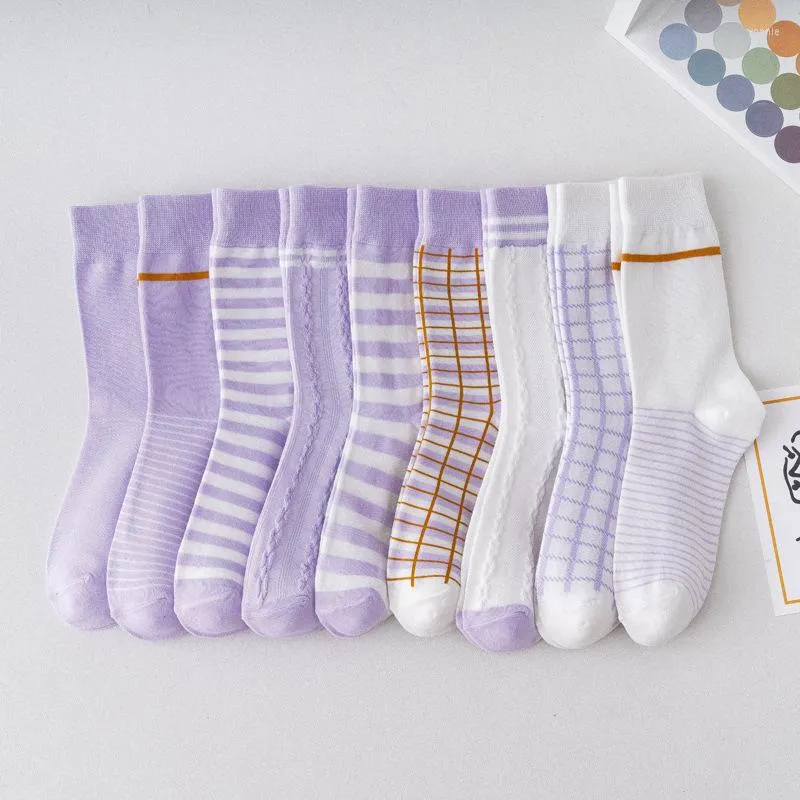 Women Socks 2023 Purple Women's Medium Tube Korean Style Instagram Tide Striped Taro Lovely Japanese Woman's Stockings