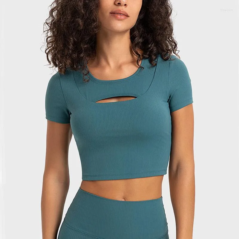 Camisas activas para mujer Fitness Yoga Top Color sólido acanalado Slim Fit manga corta gimnasio camiseta mujer transpirable correr chaleco con almohadillas para el pecho