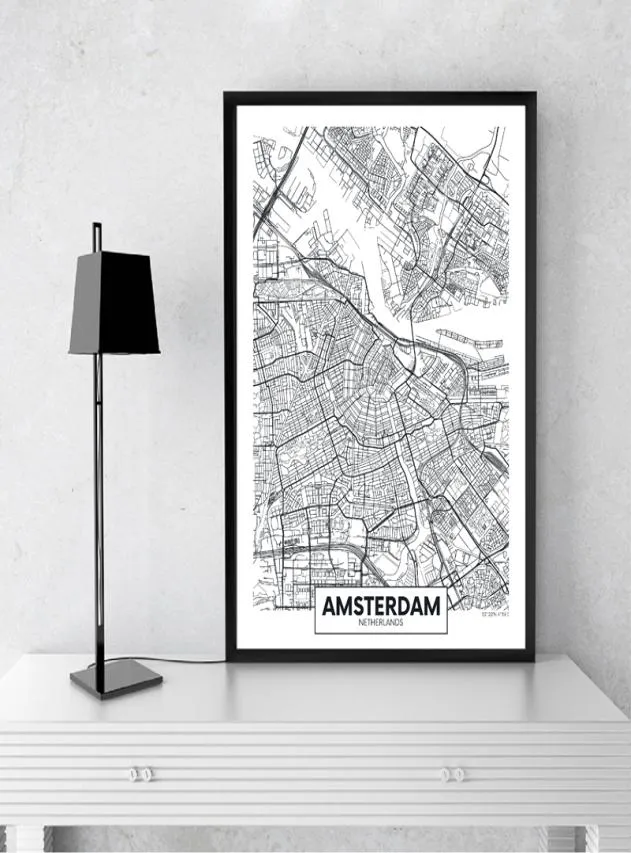 Modern City Amsterdam Map Minimalist Canvas Måla svart och vit väggkonsttryck Poster Bilder för vardagsrum Heminredning3200063