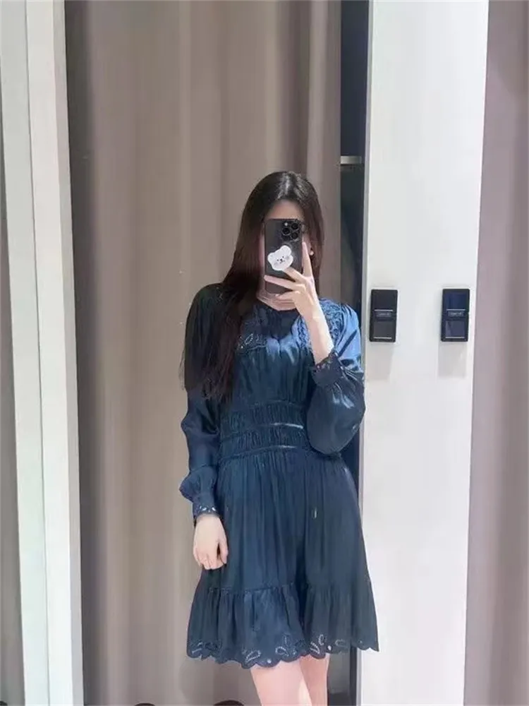 Vestidos Casuales Maxi De Manga Larga: Vestido Corto Azul Redondo