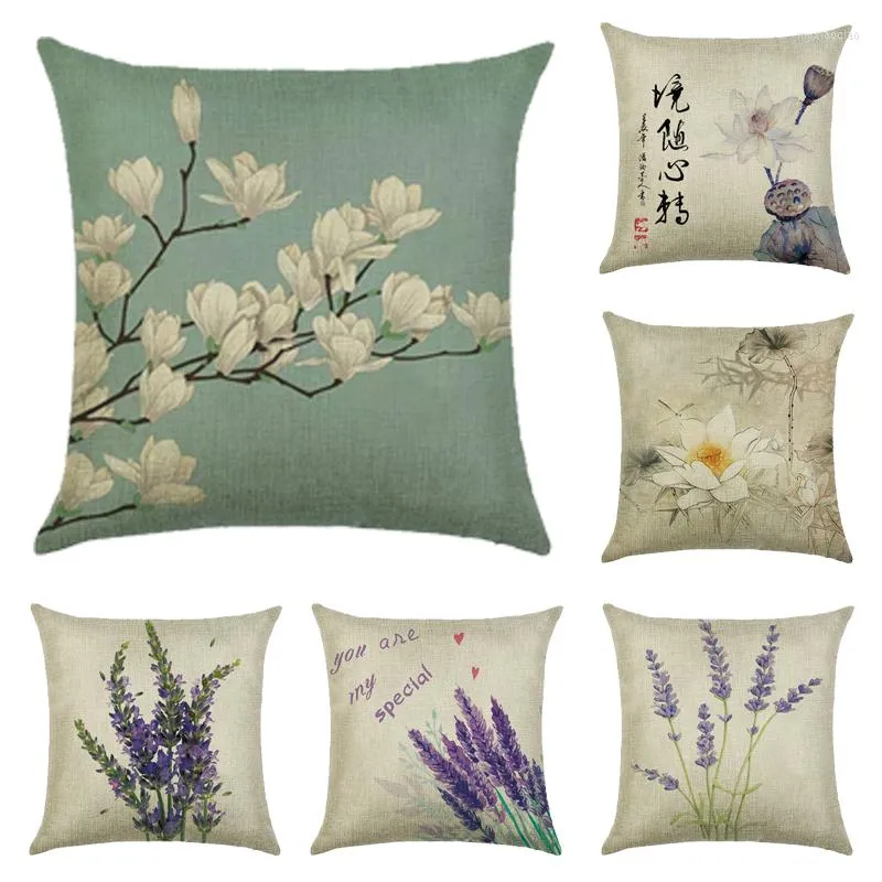 Kissen 45 45 cm Bezug Pflanze Lavendel Leinen/Baumwolle Blume Design Fall Home Dekorativer Sitz