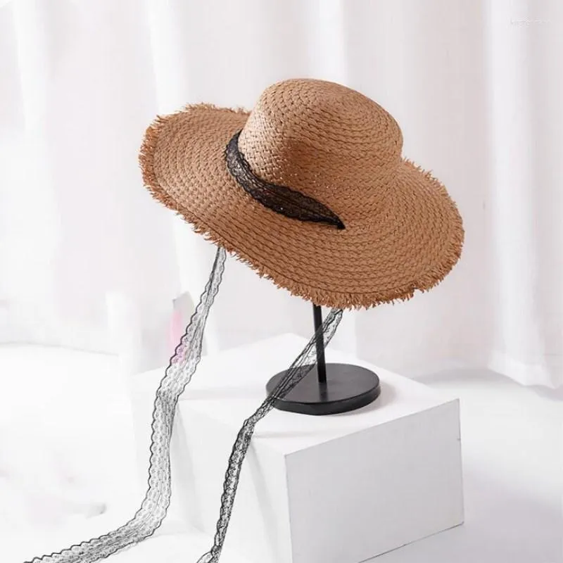 Chapéus de aba larga 2023 velejador de verão para mulheres chapéu de palha do sol garotas garotas de renda fita laço de praia feminina feminina dobrável Chapeu