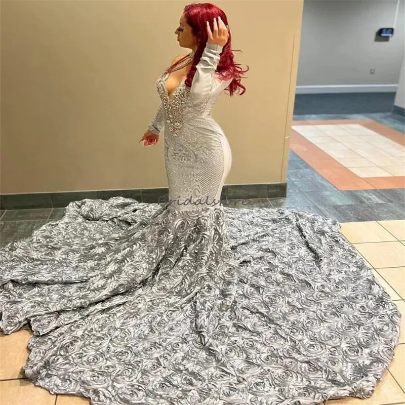 Splendido abito da ballo floreale 3D 2023 Ragazze nere coda di pesce Occasioni formali Abiti da compleanno Manica lunga Abiti da festa in rilievo Abiti eleganti De Noche Gala Argento Maxi