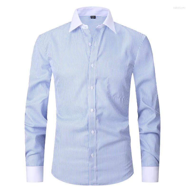 Camisas de vestido masculinas 2023 Mangues franceses clássicos masculino Camisa listrada Pocket Pocket Cufflink incluiu casamento de manga longa