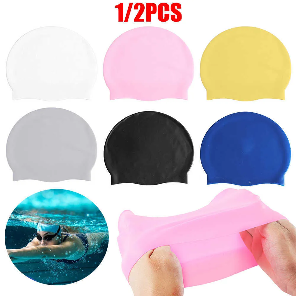 Bonnets de natation 1 / 2PCS Bonnets de natation Silicone Casquettes de plongée étanches Cheveux longs Chapeau de piscine avec protège-oreilles Bonnets de bain pour hommes femmes enfants P230418