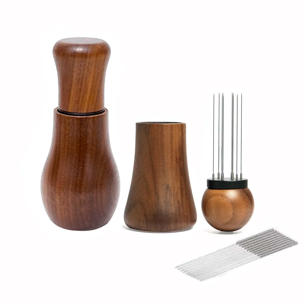 Tampers WDT Tool Outils de distribution d'espresso 10 aiguilles 04mm Poignée d'agitateur de café en noyer Barista Aiguille d'agitation avec support 230418